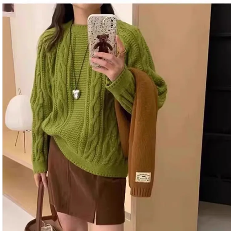 100%纯羊毛慵懒风提花羊毛衫百搭时尚慵懒针织衫网红圆领打底毛衣