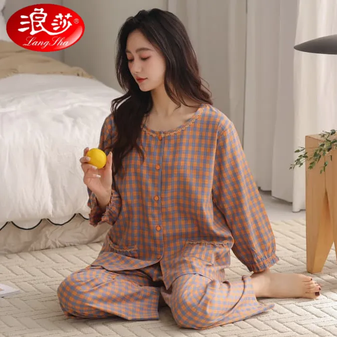 浪莎睡衣女春秋款七分袖秋季薄款大码气质韩版夏季半袖家居服套装