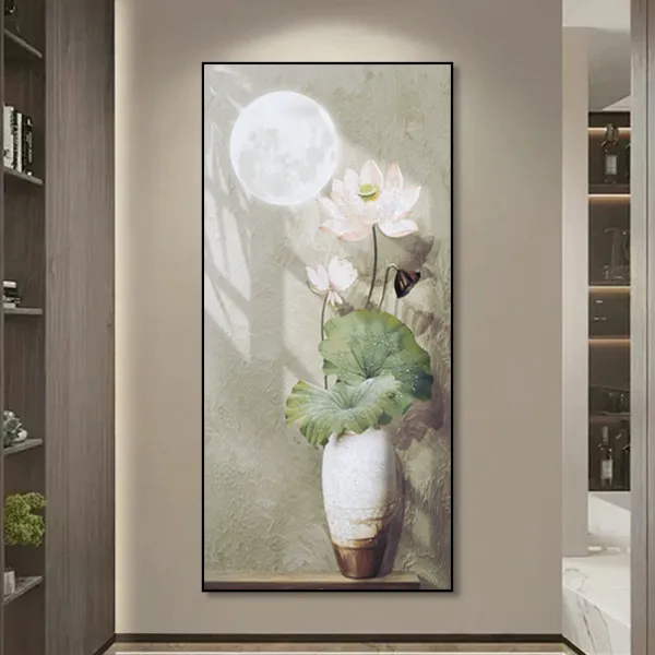 新中式玄关晶瓷镶钻装饰画竖版入户走廊过道荷花80160