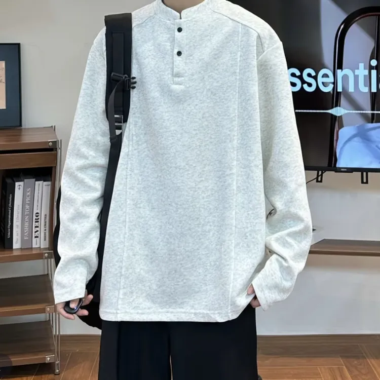 2025新款男款亨利领长袖纯色立领秋季男T恤打底衫港风宽松翻领