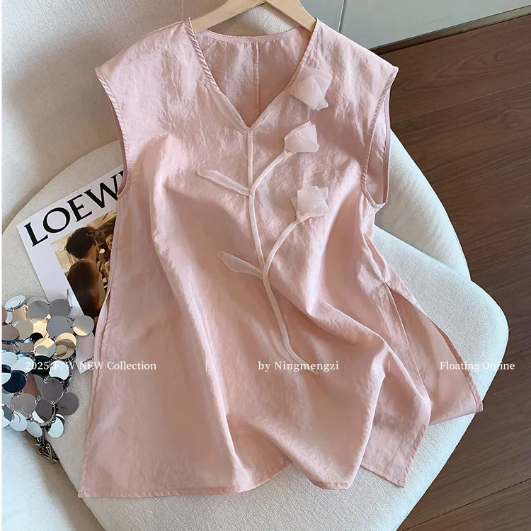 夏季2025新款新中式粉色立体花朵无袖上衣女法式温柔气质吊带背心