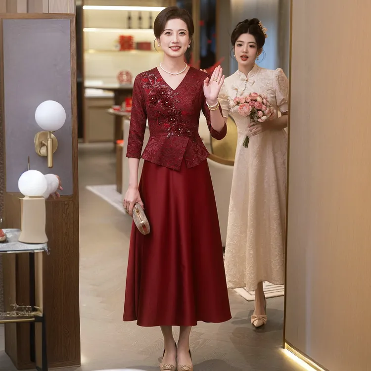 秋冬结婚喜婆婆喜妈妈婚宴装显瘦高端婚庆礼服洋气遮肚子连衣裙