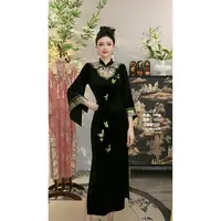 羽唐名2025秋季新款中国风飘逸日常黑色刺绣长款连衣裙（2731）