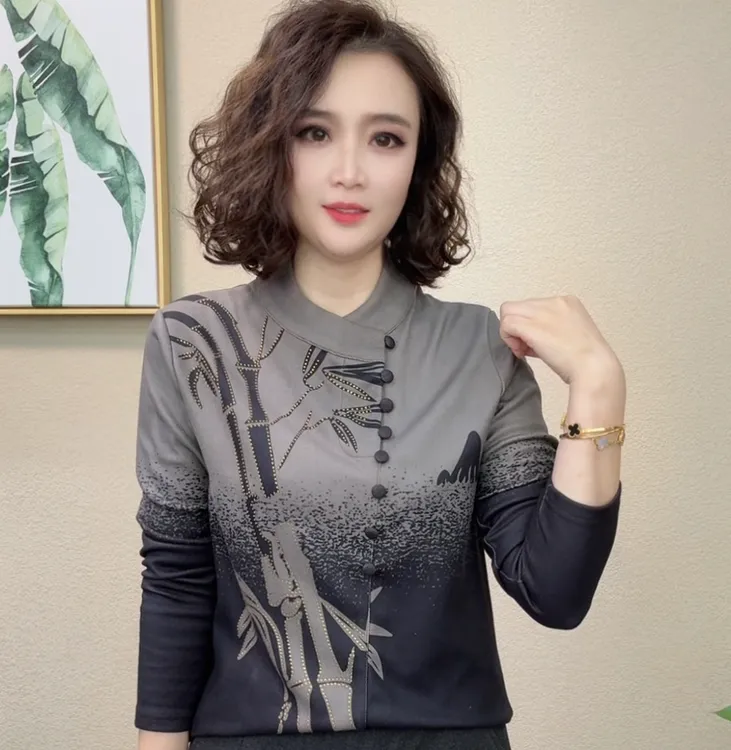 2025秋冬新款时尚洋气气质休闲保暖慵懒风印花女士上衣T恤#947414