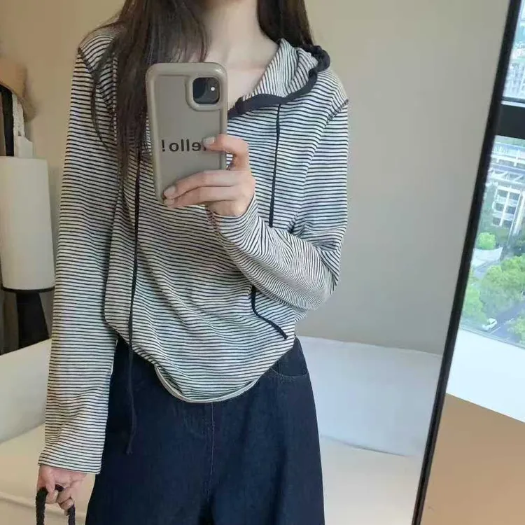 韩系条纹连帽长袖t恤女2025秋季新款抽绳帽衫内搭打底衫宽松上衣
