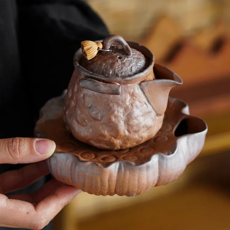 复古创意老陶泥挂坠手抓壶陶瓷家用茶道粗陶手抓壶+壶承150—200ml
