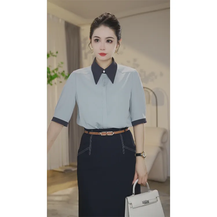 【曼曼甄选】欧若风8592912蓝绿色衬衫女气质时尚小众法式衬衣