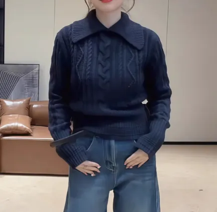 新款翻领麻花下摆收腰显瘦百搭显瘦上衣毛衣女C6222