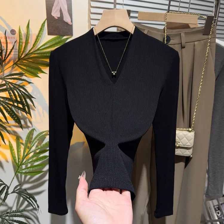 高级感深v领打底衫女T恤长袖显瘦气质不规则低领法式轻奢针织上衣
