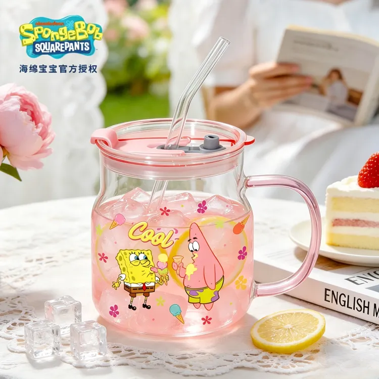 【正版】海绵宝宝玻璃杯可爱印花家用耐热玻璃杯大容量家用水杯