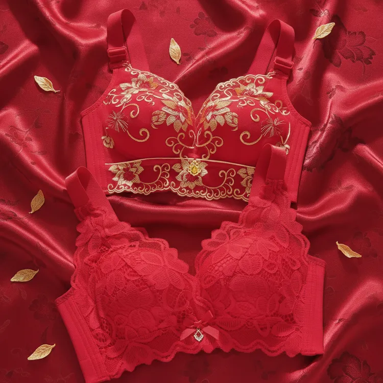 红色两件装舒适蕾丝女士加厚聚拢调整型文胸小胸上托新娘
