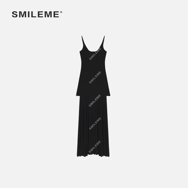 SMILEME【椰风海韵】夏季新款时尚简约极简气质针织吊带网纱连衣裙