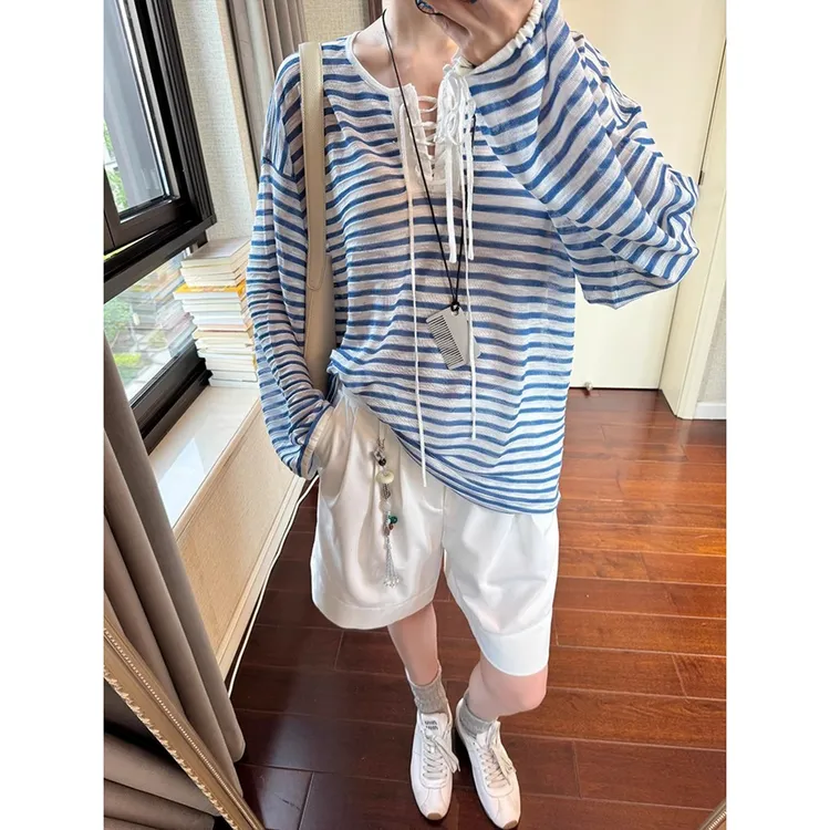 慵懒风条纹空调针织罩衫女夏季新款宽松防晒长袖薄款韩版T恤上衣