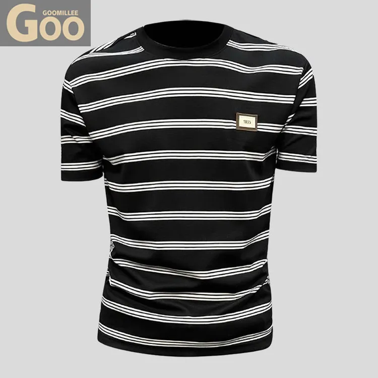 高档专柜条纹潮流短袖t恤男士夏季新款休闲圆领半袖时尚体恤上衣