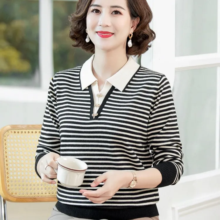 中老年妈妈装秋装条纹T恤小衫胖奶奶装毛衣打底衫宽松时尚针织衫