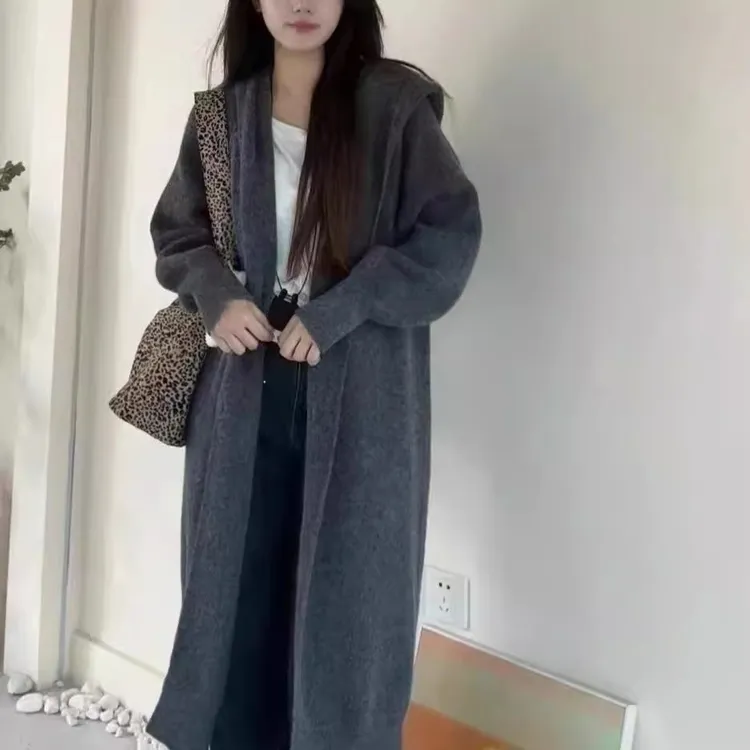 【正版原版】春秋新款针织开衫女中长款大码毛衣外套宽松连帽212