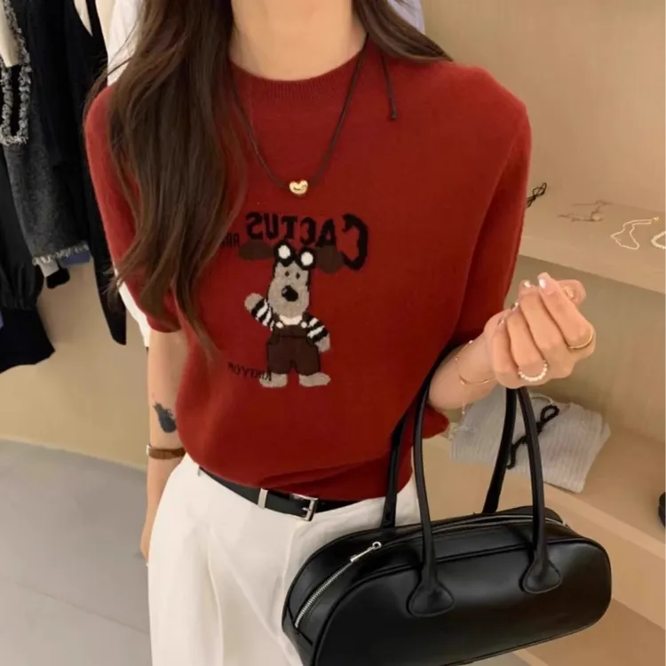 韩系卡通小狗短袖针织衫女夏季设计感小众秋季显瘦别致绝美上衣女