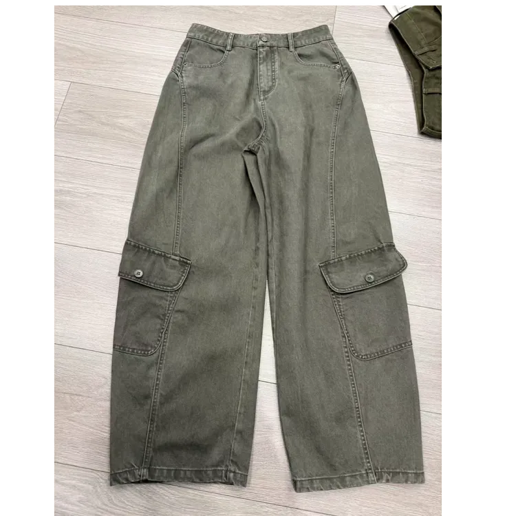 JIUJIU【旧街区】显瘦百搭高腰宽松直筒阔腿美式工装风休闲裤做旧