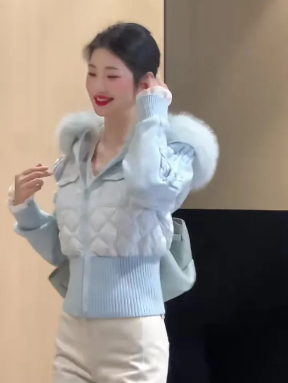 韩版连帽大毛领短款针织拼接棉服女2025冬季收腰显瘦保暖棉衣外套