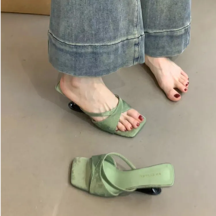 ALGF-985-1新中式国风坡跟拖鞋女2025夏季小众细带绿色高跟凉拖鞋