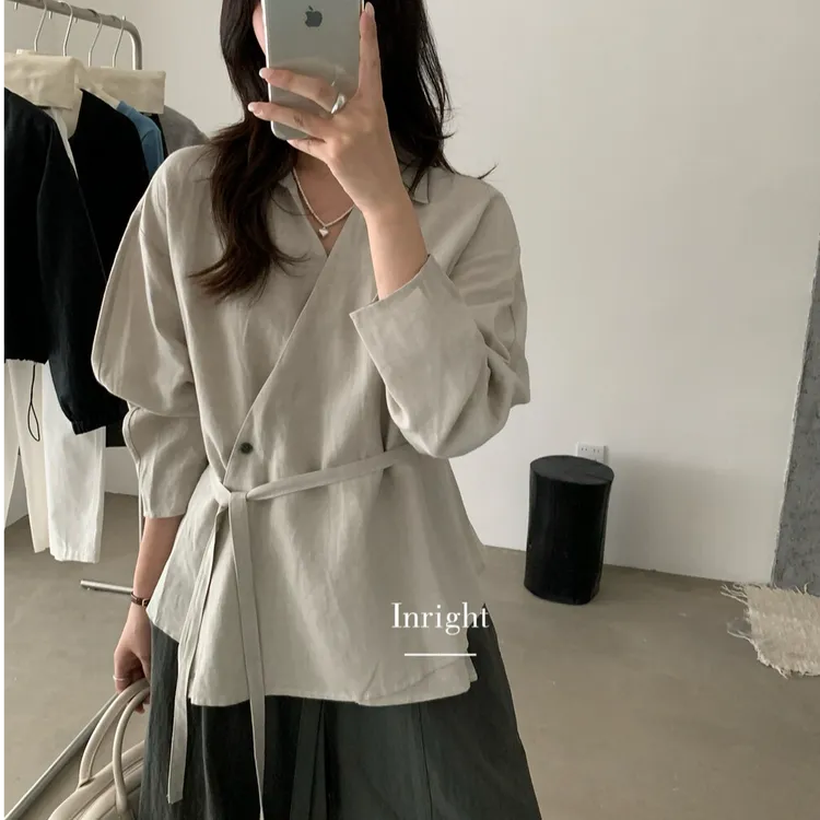 秋季成人纯色衬衫领长袖绑带衬衫休闲上衣设计感女装宽松百搭