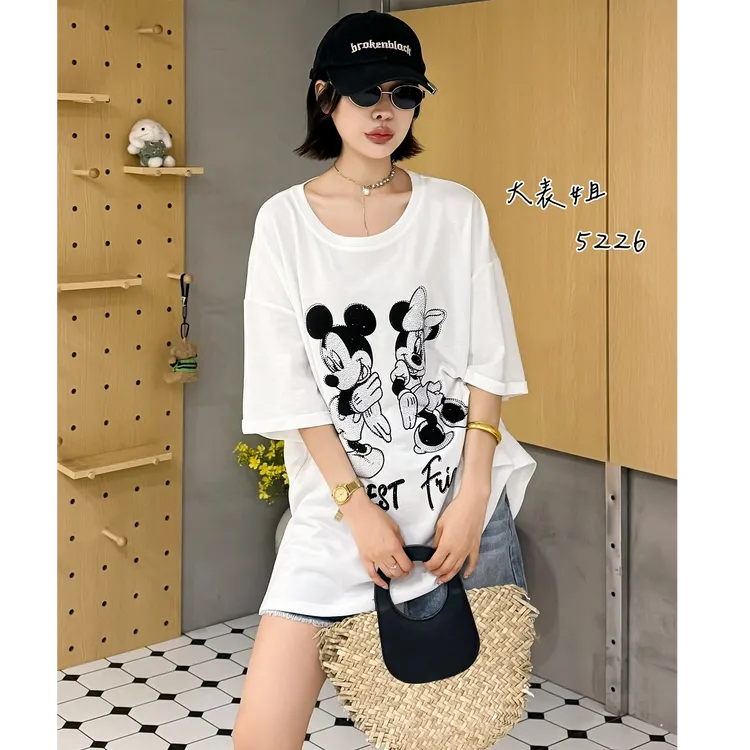 5226加肥加大300斤美式复古米奇短袖T恤女夏新款慵懒风宽松上衣