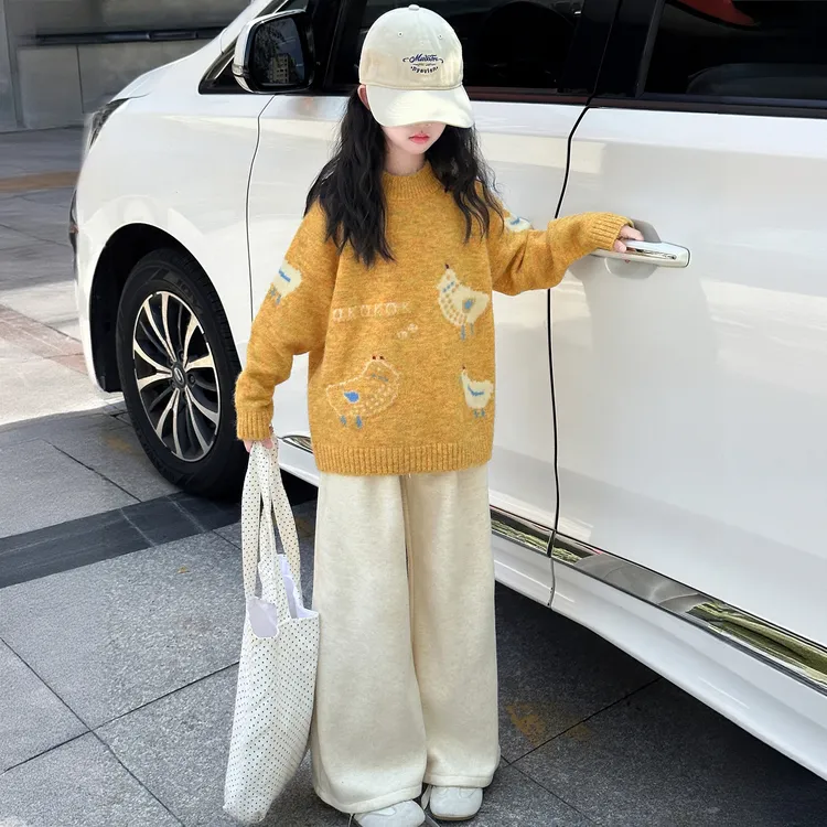 女童加绒加厚套装秋冬装2025新款韩版洋气小女孩毛衣阔腿裤两件套