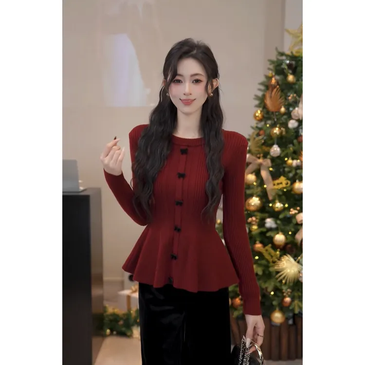 【半截梅花】法式洋气蝴蝶结排扣荷叶边针织衫女