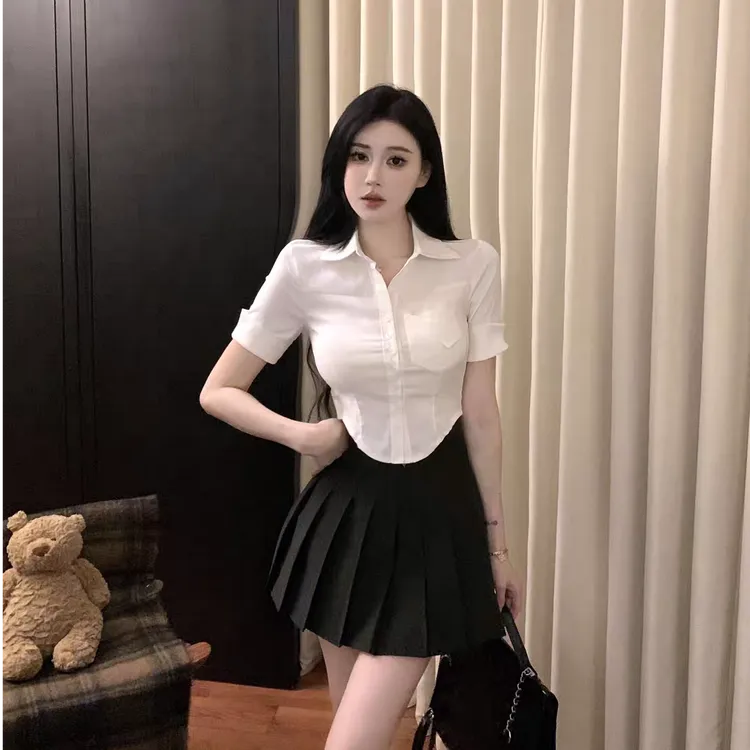 纯欲性感收腰短款衬衫女职业装OL制服足浴技师工作服包臀群百褶裙