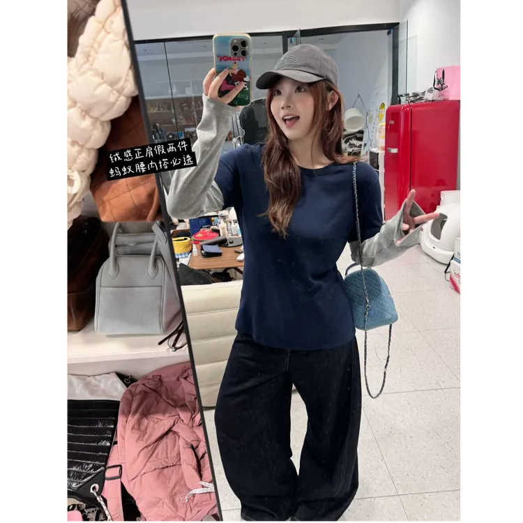 晶咕【随心所欲！】宽松假两件撞色拼接袖圆领T恤上衣