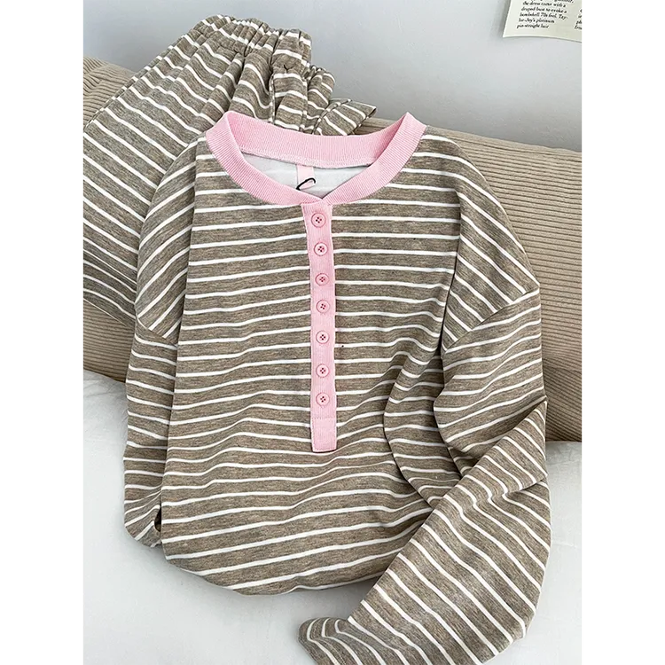 高级感拼色圆领德绒睡衣女秋冬季加绒套头长袖女士韩版家居服套装
