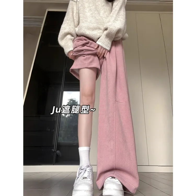 大码300斤粉色灯芯绒阔腿裤女秋冬加绒加厚保暖休闲宽松百搭长裤