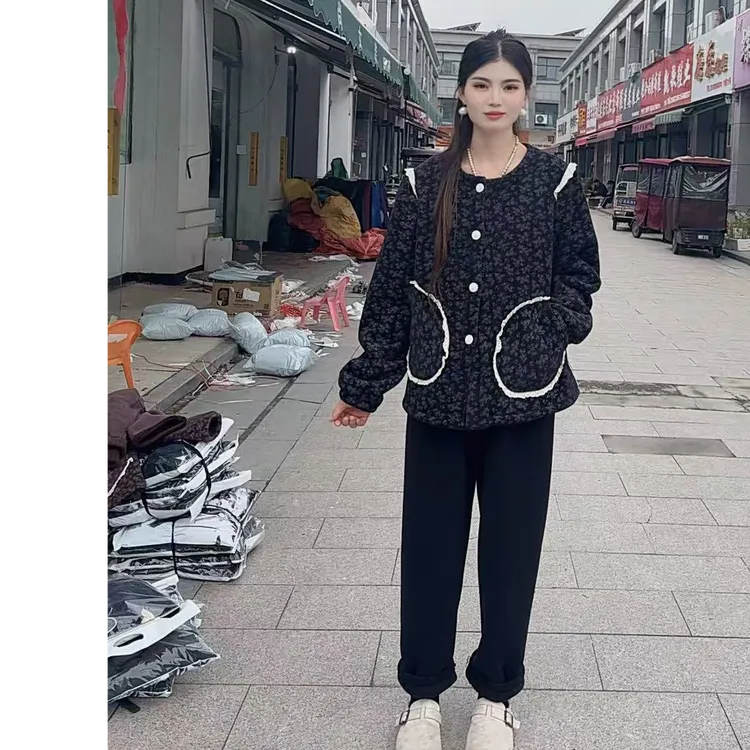 外穿加绒加厚小香风花边家居服套装
