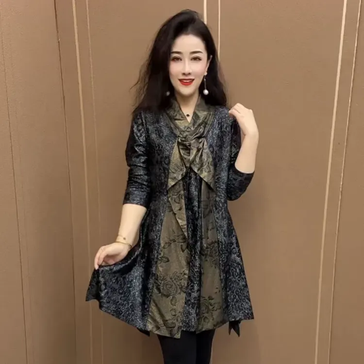 2025春季新款时尚韩版洋气宽松遮肚显瘦上衣休闲中长款飘带连衣裙