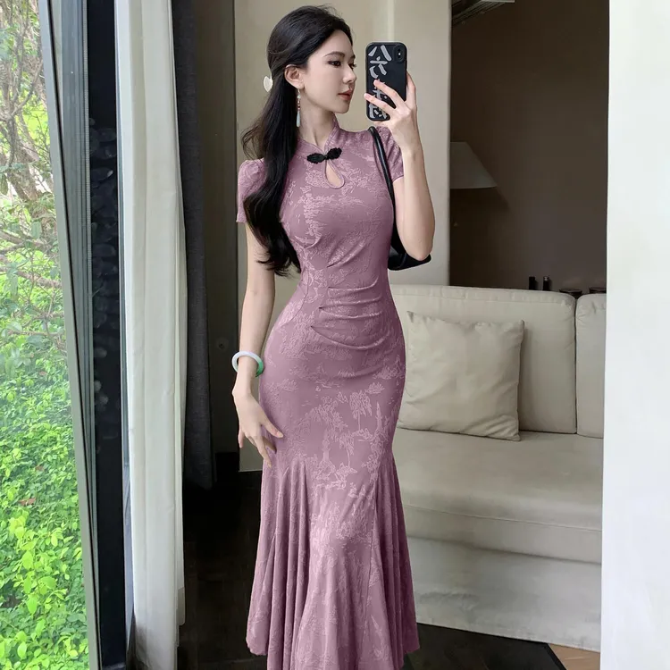 新中式国风紫色改良旗袍短袖连衣裙女夏季高级感修身鱼尾包臀长裙