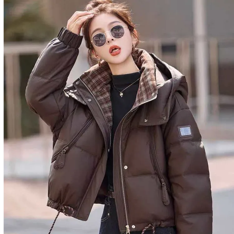 【慕尚衣】时尚格纹拼接羽绒外套女款2025冬季新款连帽加绒白鸭绒免洗外套