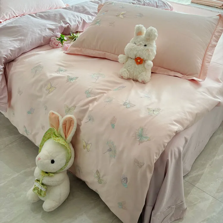 全棉四件套刺绣被套蝴蝶花边床品纯棉四件套小清新