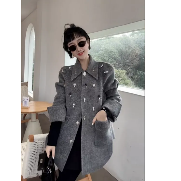 XIAOBAI时尚钉珠拼接毛呢大衣女秋冬中长款气质翻领百搭韩版外套