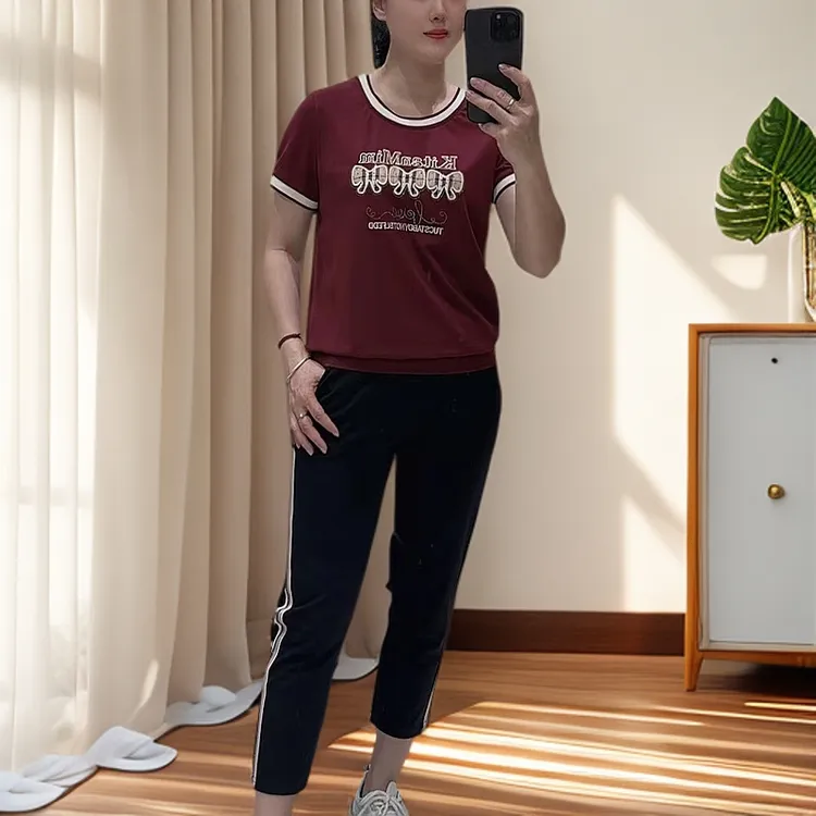 7231韩版夏季新款透气舒适圆领休闲套装