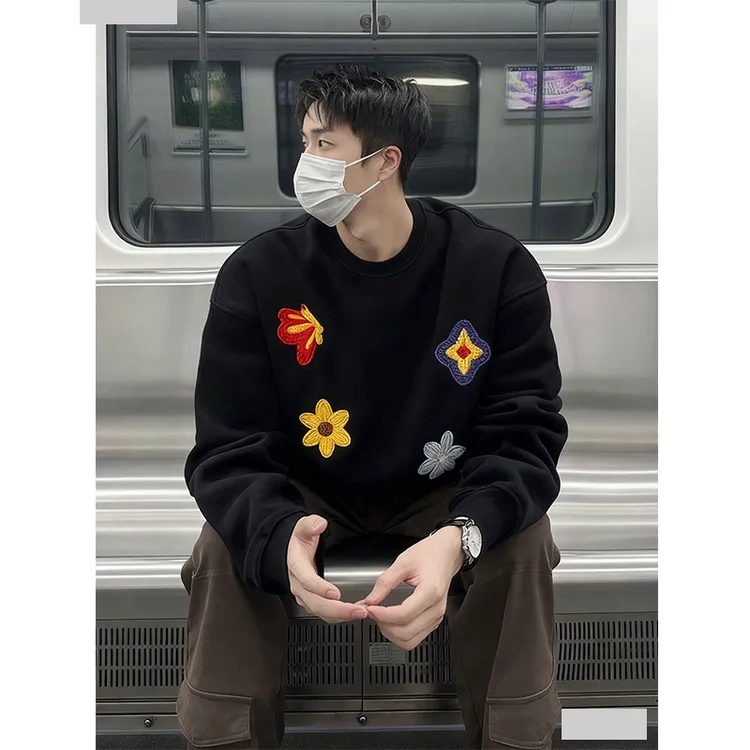 花卉刺绣重磅圆领卫衣男秋季潮牌宽松设计感百搭休闲黑色套头上衣