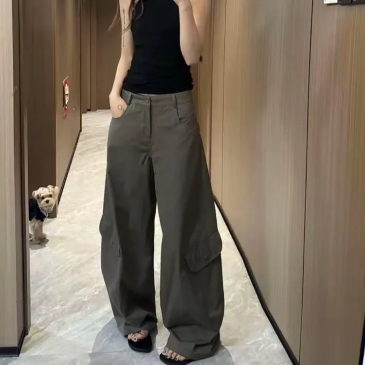 褶皱秋季无弹力工装裤薄款休闲裤阔腿裤痞帅御姐风