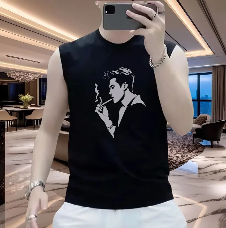 纯棉背心男夏季2025新款卡通印花无袖T恤黑色休闲宽松坎肩ins
