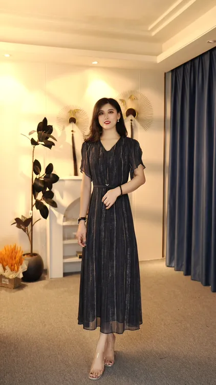 短袖高贵设计师中腰礼服不褪色夏季静奢风连衣裙名媛 8022