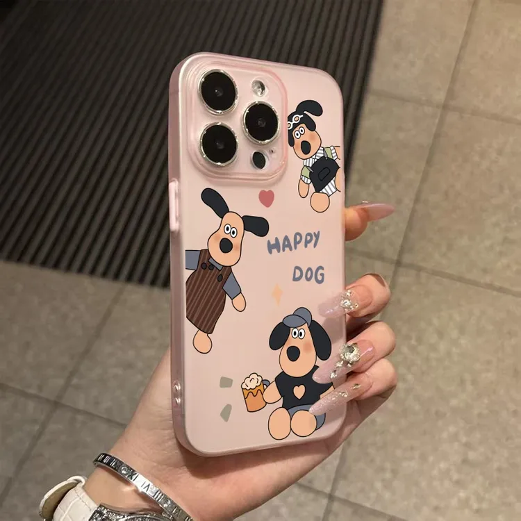 三只开心小狗磨砂适用苹果16Promax手机壳iPhone15软14卡通13防摔