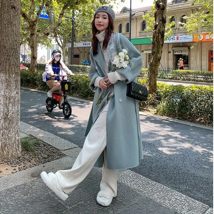 蓝色双面毛呢大衣2025秋冬新款韩版宽松中长款系带爆款呢子外套女