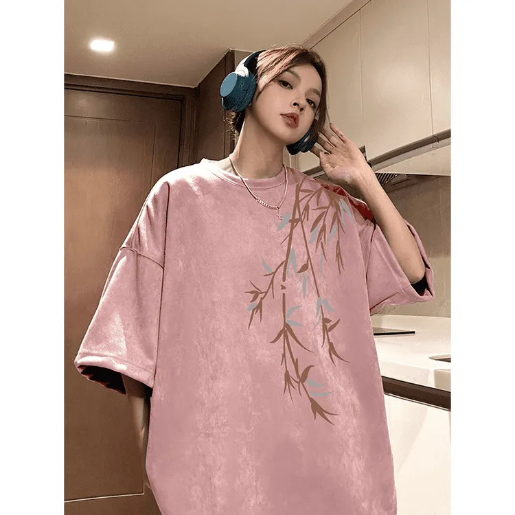 粉色竹叶仿麂皮绒重磅300g短袖t恤男夏季美式复古潮牌大码五分袖