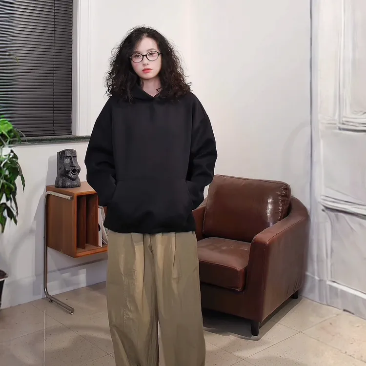 【自制】套头长袖厚款纯色不起球保暖卫衣500克重百搭黑色韩版重磅