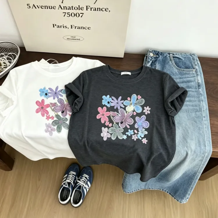 【汐月女神~多彩花朵】南油定制新款韩系圆领夏季宽松减龄短袖T恤女