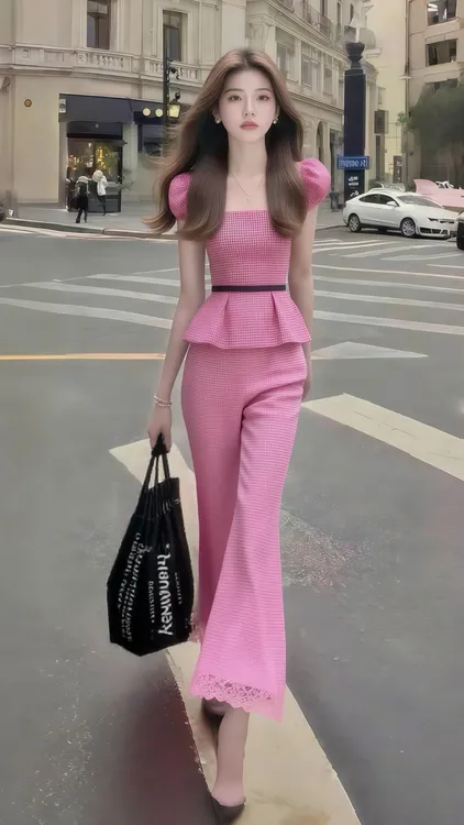 新款时尚高端大气方领修身收腰上衣+百搭显瘦长裤女粉色格子套装