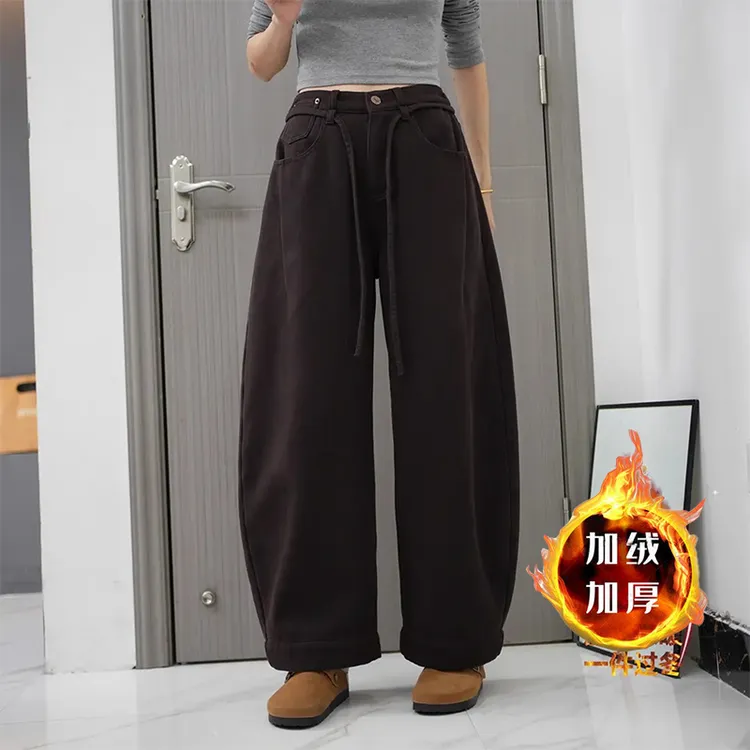 秋冬可可棕加绒加厚休闲裤女2025新款梨型身材显瘦老爹弯刀阔腿裤